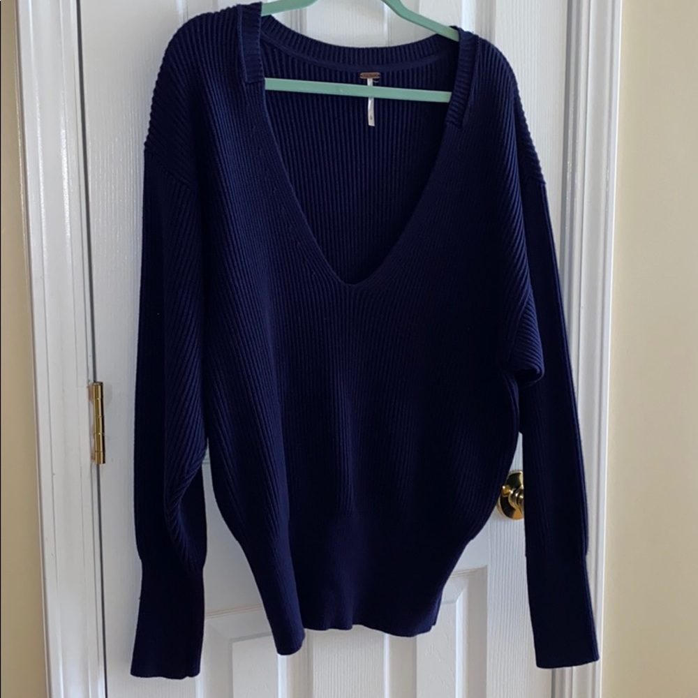 Free People Navy Allure V Neck Pullover Sweater.